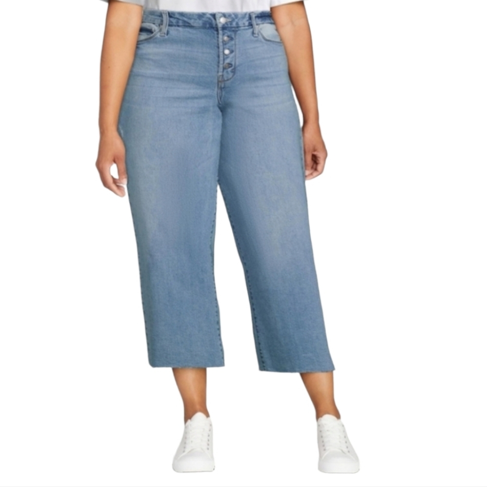 TIME AND TRU High Waisted Wide Leg Jeans 14  Button Up Stretch Raw Hem Cropped - Picture 16 of 16